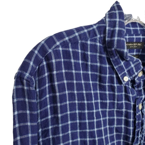 Banana Republic Mens Size L Shirt 100% Linen Camden Standard Fit Windowpane Blue - Picture 10 of 12